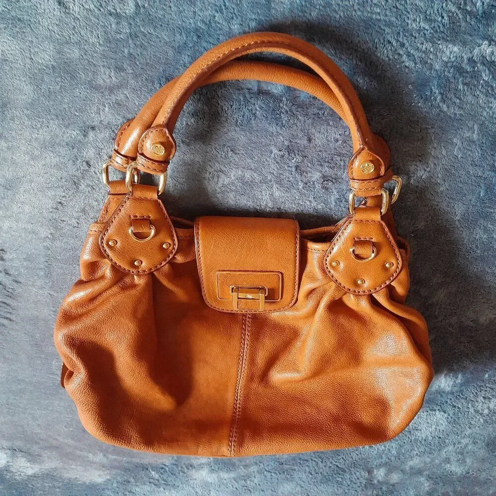 Antonio Melani Tan Leather Satchel Handbag with Gold Hardware Width 12in.